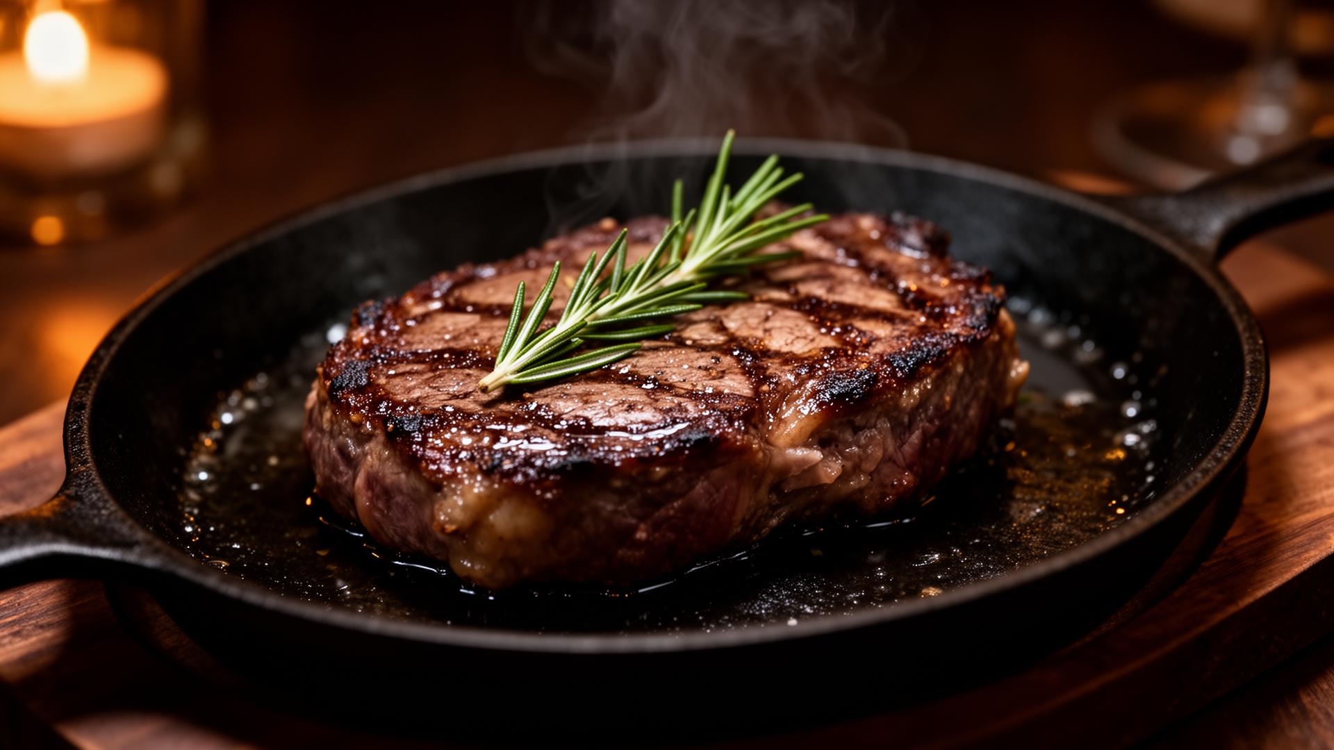 Sizzling steak in a cast iron pan